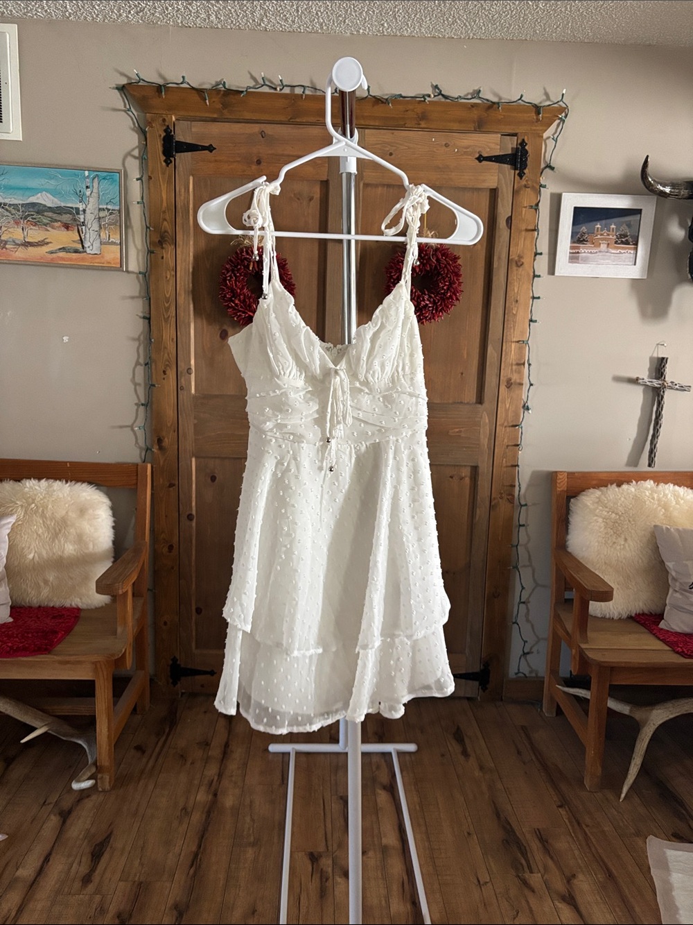 White Tiered Swiss Dot Spaghetti Strap Dress